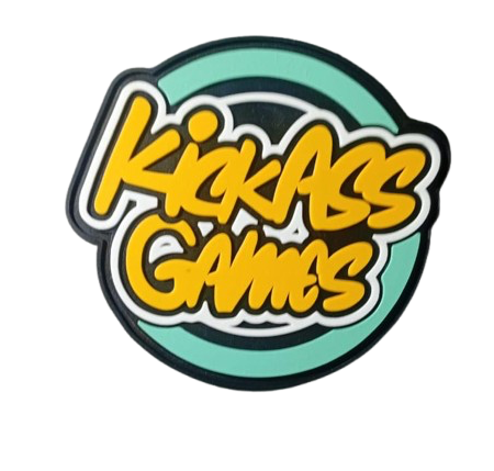 Parche de goma PVC Kick Ass Games diseño circular con relieve y colores vibrantes