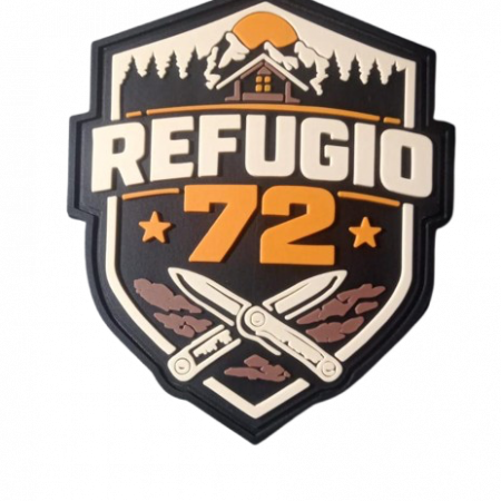 Parche de goma Refugio 72 con diseño táctico de montaña y navaja multiusos